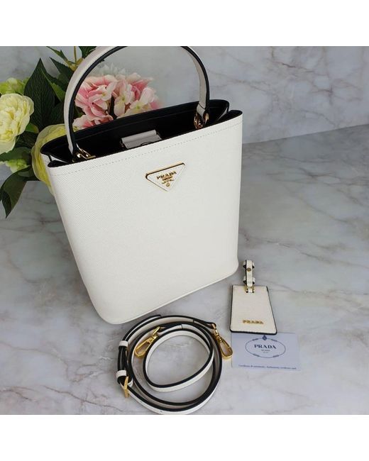 Prada White Small Saffiano Leather Panier Bag