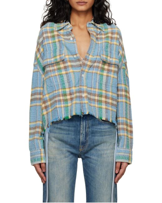 R13 Blue Check Pattern Cropped Fringed Work Shirt