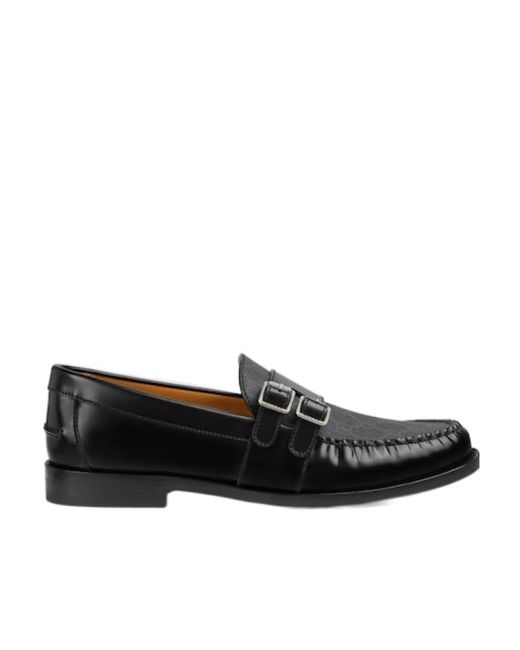 Gucci Black Gg-Canvas Buckle Loafers for men