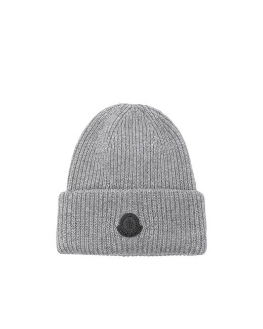 Moncler Gray Ribbed Logo-Patch Beanie Hat for men