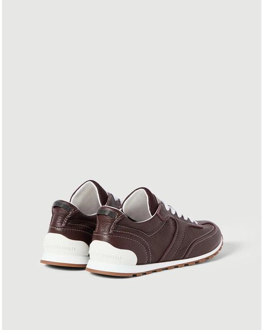 Brunello Cucinelli Brown Grained Soft Leather Runners With Shiny Loops