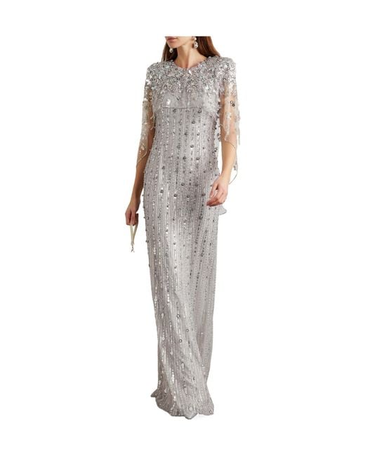 Jenny Packham Gray Nettie Cape-Effect Embellished Sequined Tulle Gown