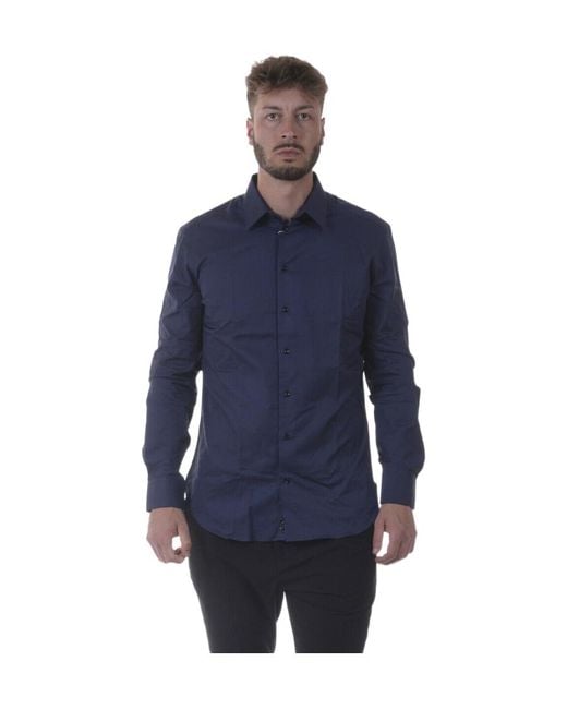 Armani Collezioni Blue Cotton Long-Sleeved Shirt for men