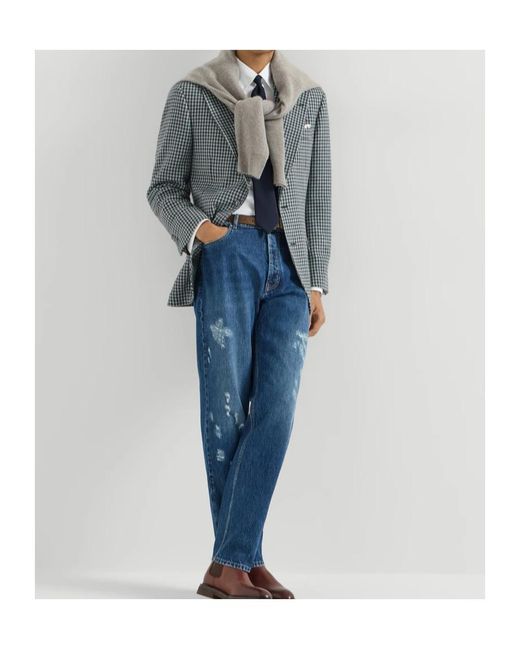 Brunello Cucinelli Blue Houndstooth-Pattern Blazer for men