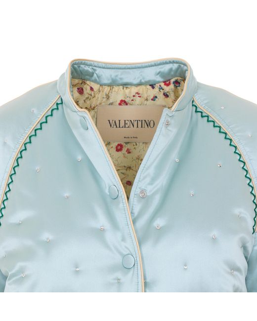 Valentino Blue Floral Embellished Button-Up Quilted Jacket