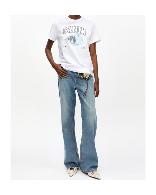 Ganni White Logo Printed Crewneck T-Shirt