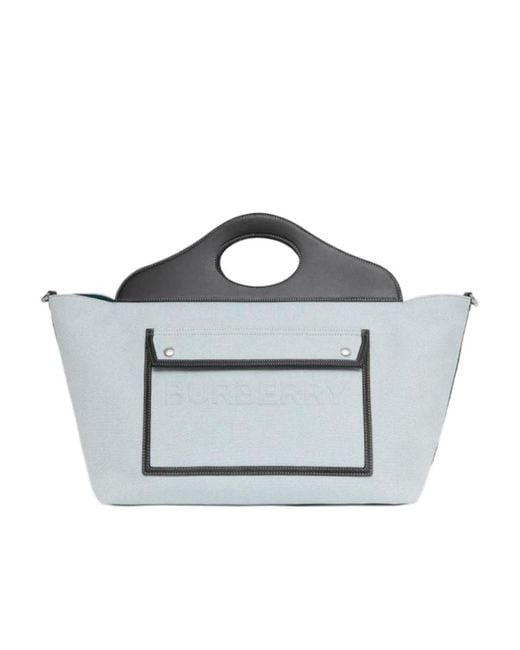 Burberry Gray Medium Cotton Canvas Parquet Leather Soft Pocket Todd Handbag