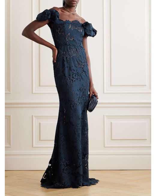 Oscar de la Renta Blue Mixed Botanical Guipure-Lace Maxi Dress