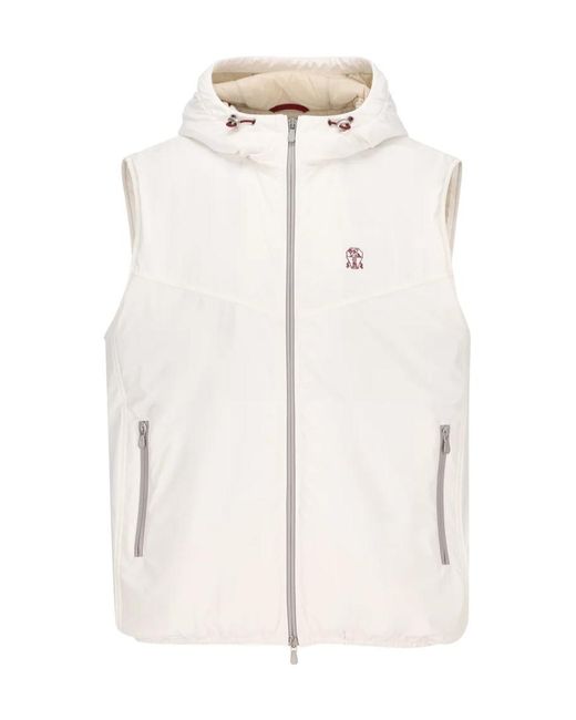 Brunello Cucinelli White Logo Embroidered Hooded Vest for men
