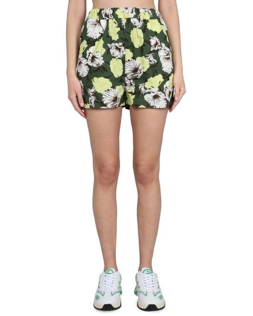 MSGM Green Floral Printed High Waist Shorts