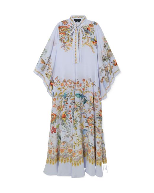 Etro Blue Pussy-Bow Printed Silk Maxi Dress