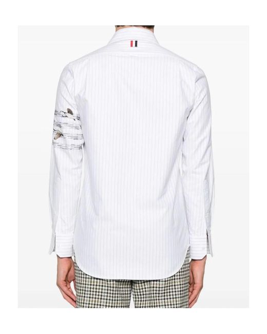 Thom Browne White Motif Embroidered Striped Shirt for men