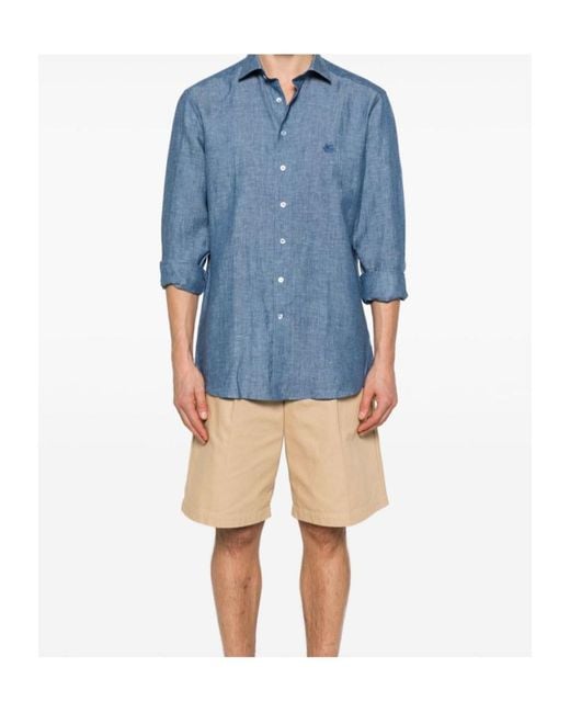 Etro Blue Logo Embroidered Long Sleeved Shirt for men