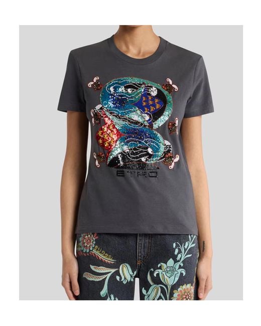 Etro Black Cotton T-Shirt With Sequin Embroidery