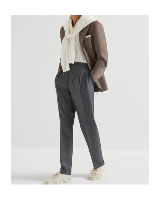 Brunello Cucinelli White Linen And Cotton Chevron Jersey Short Sleeve Shirt With Camp Collar for men