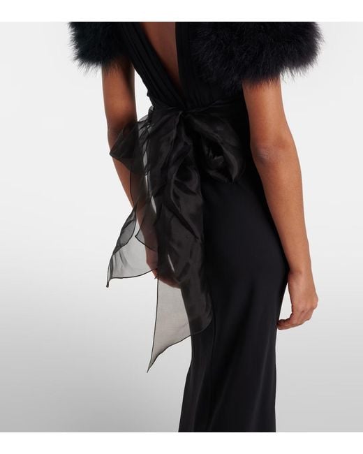 Alessandra Rich Black Feather-Trimmed Silk Georgette Gown