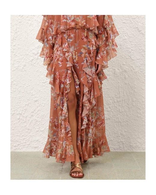 Zimmermann Red Awaken Ruffle Floral Printed Skirt
