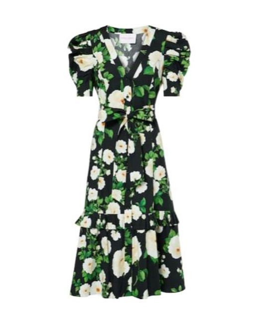 Carolina Herrera Green Floral Cotton-Blend Midi Dress