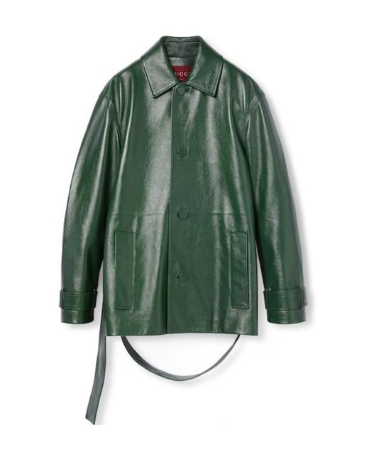 Gucci Green Shiny Leather Trench Coat for men
