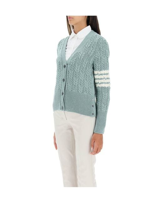 Thom Browne Blue 4-Bar Pointelle-Knit V-Neck Cardigan