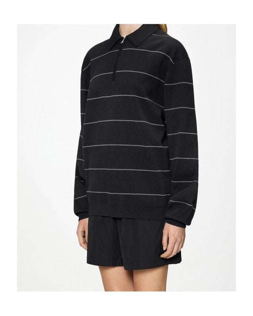 Rains Black Striped Knit Long-Sleeved Polo Shirt