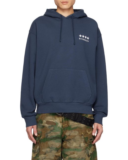Givenchy Blue Logo Embroidered Drawstring Hoodie for men