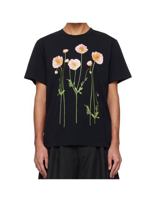 Simone Rocha Black Poppy-Print T-Shirt for men