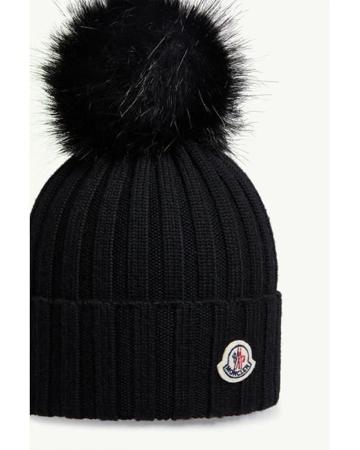 Moncler Black Wool Beanie With Pom Pom