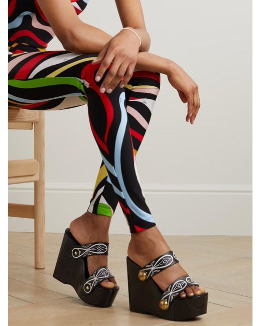 Emilio Pucci Black 150Mm Goccia-Embroidered Wedge Sandals