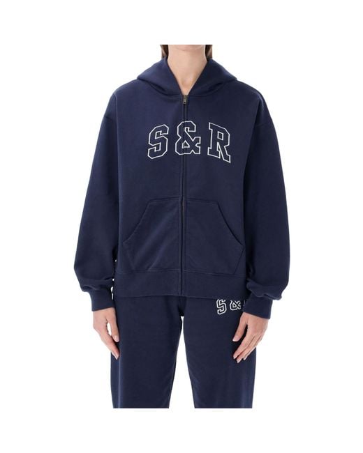 Sporty & Rich Blue Logo Detailed Zip-Up Hoodie