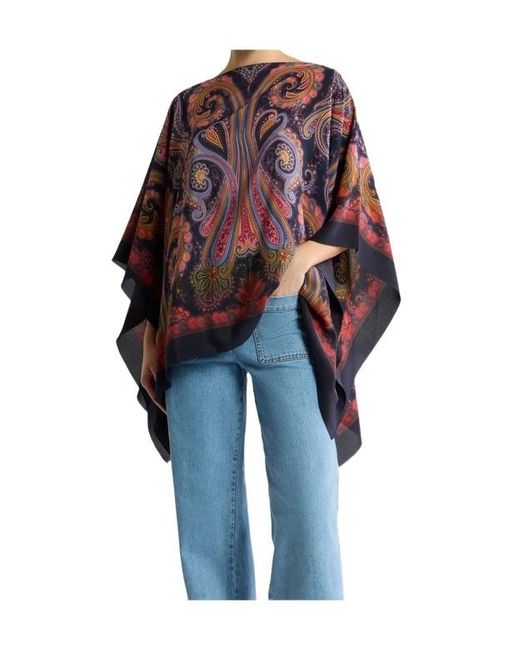 Etro Blue Silk Poncho Top With Paisley Degradé Motif