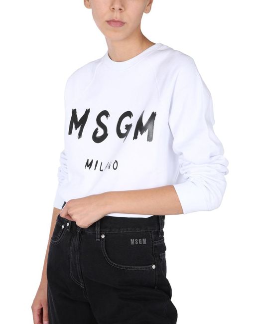 MSGM White Logo Printed Ribbed Sweatshirt