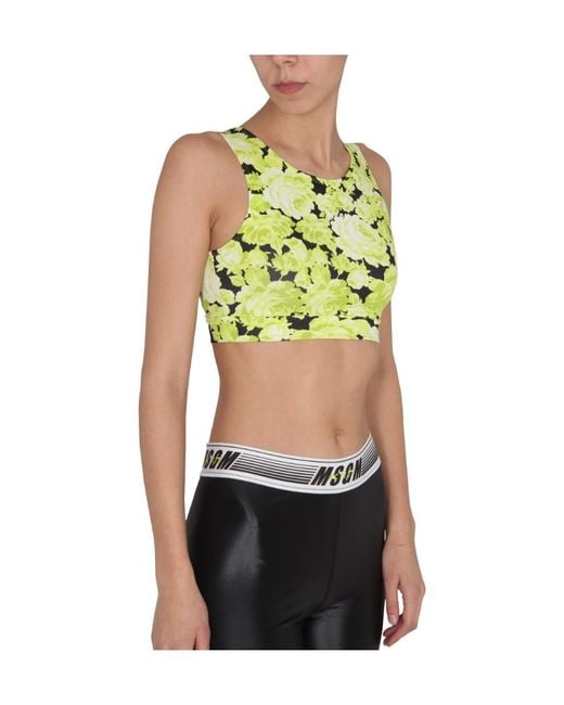 MSGM Green Floral Print Cropped Tank Top