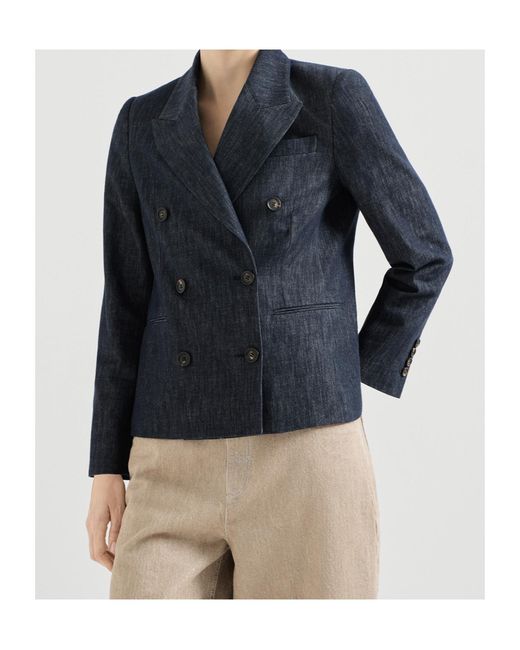 Brunello Cucinelli Blue Double Breasted Long-Sleeved Blazer
