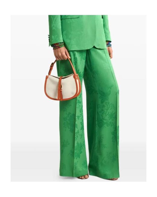 Etro Green Wide-Leg Jacquard Trousers With Floral Motif