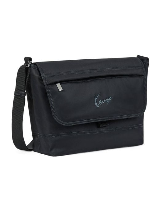 KENZO Black Logo-Embroidered Foldover Top Messenger Bag for men