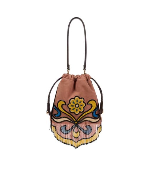 Etro White Kalispera Bead And Fringe Detailed Small Bucket Bag