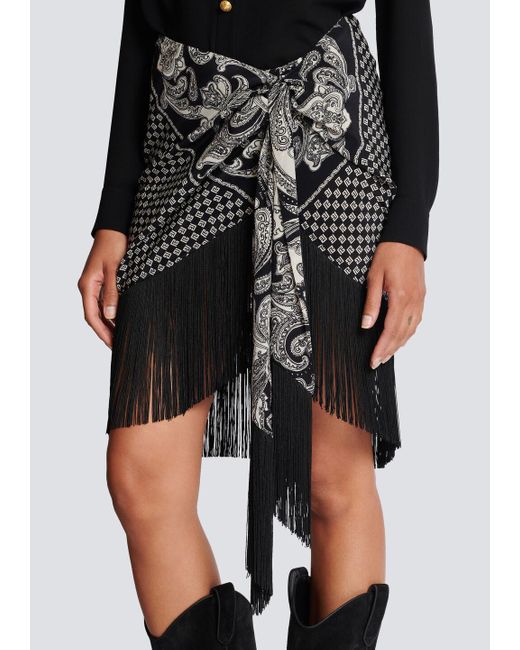 Balmain Black Fringed Silk Scarf Skirt