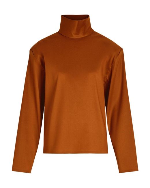 Saint Laurent Brown High-Neck Stretch-Silk Top