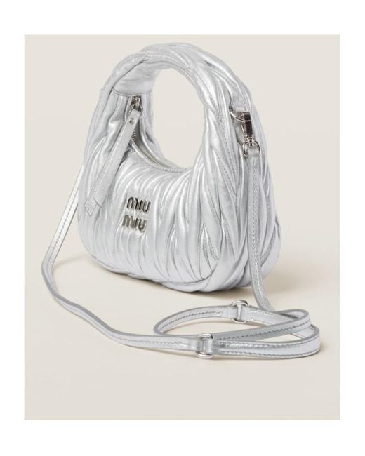 Miu Miu Gray Miu Wander Matelassé Nappa Leather Hobo Mini-Bag