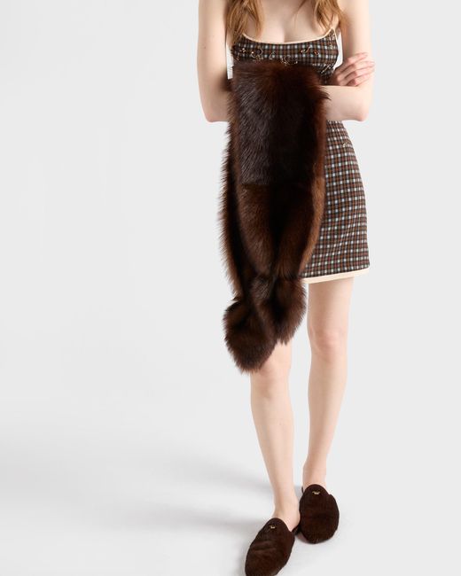Prada Brown Embellished Checked Georgette Mini-Dress