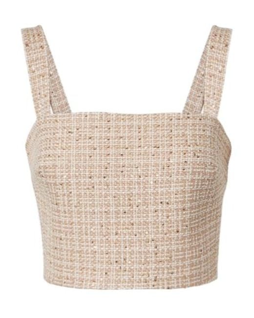 Elie Saab Natural Checked Sequined Tweed Crop Top