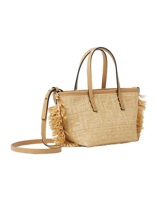 Fendi Mini Roll Ff Jacquard Fringed Tote Bag in Natural | Lyst
