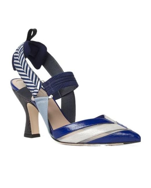 Fendi Blue Iconic Colibrì And Hagfish And Mesh High-Heeled Slingbacks