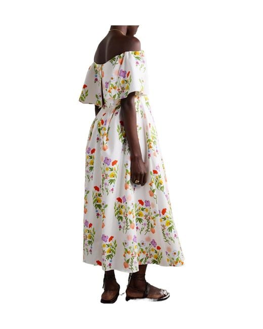 Borgo De Nor White Gracie Off-The-Shoulder Pleated Printed Cotton-Blend Piqué Dress