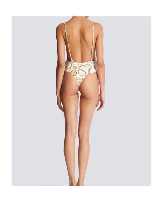Balmain White Chaînes Pattern Printed One-Piece Swimsuit