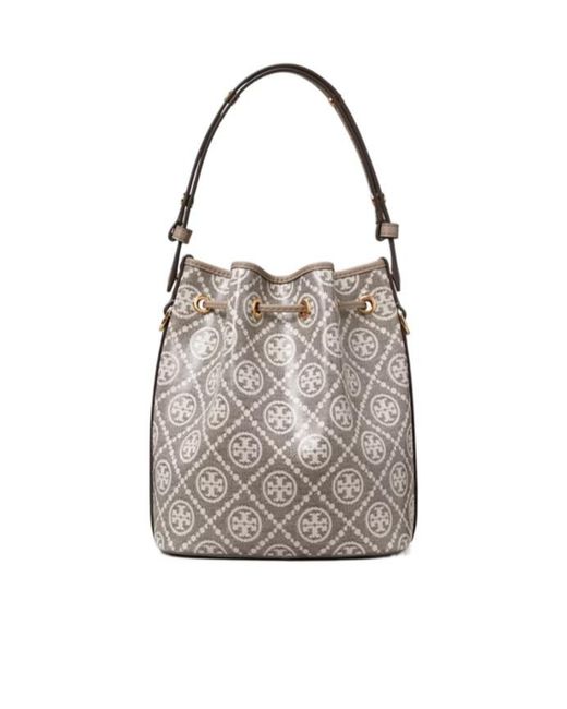 Tory Burch Gray Logo-Jacquard Bucket Bag