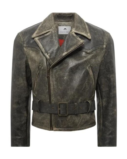 MARINE SERRE Green Moon Belted Leather Biker Jacket for men