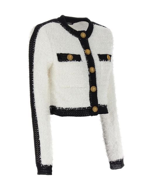 Balmain White Buttoned Cropped Tweed Jacket