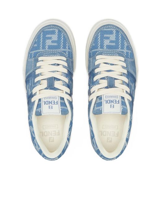 Fendi Blue Denim-Effect Ff Jacquard And Light Suede Platform Low Tops